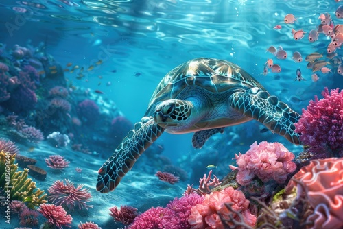 A turtle swimming in a coral reef with a variety of fish swimming around it. The scene is vibrant and colorful  with the coral and fish creating a lively atmosphere