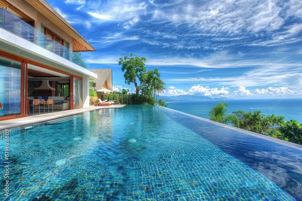 Fototapeta premium Vacation House. Luxury Resort Hotel with Blue Pool and Beachfront Architecture