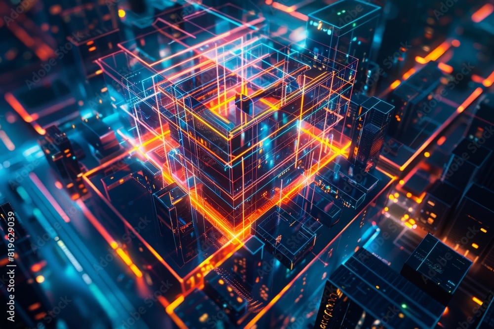Digital twin of smart city, an urban center with buildings and streets surrounded by pulsating neon lines forming an abstract cube shape, casting an otherworldly glow over the cityscape