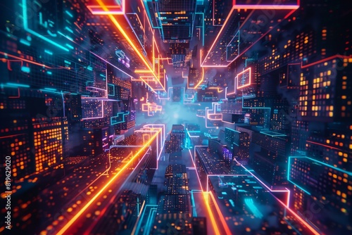 Digital twin of smart city, an urban center with buildings and streets surrounded by pulsating neon lines forming an abstract cube shape, reminiscent of a cybernetic beehive, glowing with vibrant ener © Ahmed