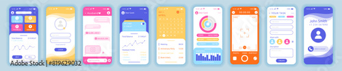 Smartphone screen. Phone application interface. Camera photo icon. App setting. Cellphone call and message. Account login. Planner calendar. Mobile finance dashboard. Vector garish UI templates set