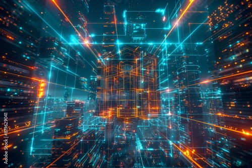 Digital twin of smart city, an urban center with buildings and streets surrounded by pulsating neon lines forming an abstract cube shape, reminiscent of a cybernetic beehive, glowing with vibrant ener photo
