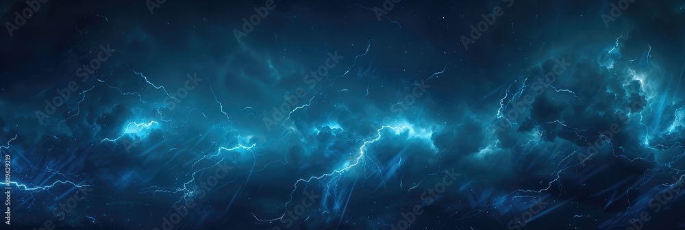 Storm Sky. Dark and Dramatic Background with Lightning Bolt in Bright Blue Night Sky