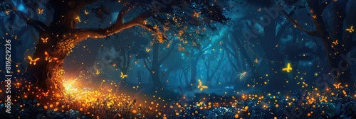 Nature Background Night. Abstract Firefly Flying in Enchanting Forest at Night photo