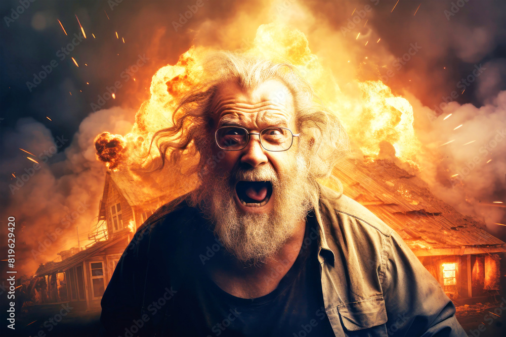 A wise elderly man with a beard and glasses stands in front of a raging fire, symbolizing the intensity of war and destruction A wise elderly man with a beard and glasses stands in front of a raging fire, symbolizing the intensity of war and destruction