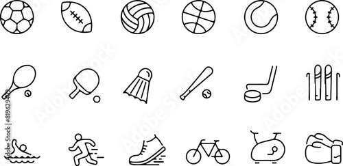 Pixel perfect icon set of sports soccer football basketball volleyball golf gym skiing boxing tennis. Thin line icons flat vector illustrations editable stroke isolated on transparent background
