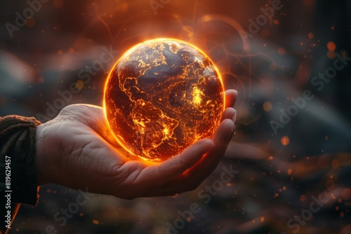 Hand holding virtual Global with CO2 reducing icon for concept of decrease carbon dioxide emission  carbon footprint and carbon credit to limit global warming from climate change concept 