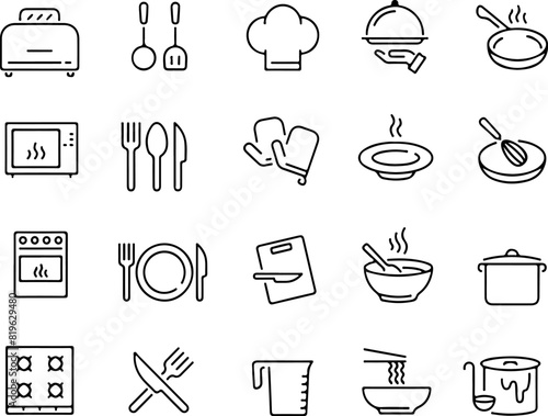 Pixel perfect icon set of cooking tools Knife, cleaver, shears, mandoline, peeler, bowl, spoon, whisk, spatula, tongs, ladle, colander, timer, pin, . Thin line icons flat vector illustrations