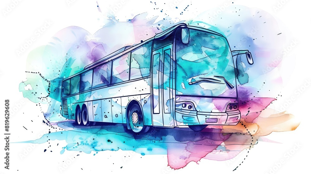 A colorful bus with a blue and white stripe