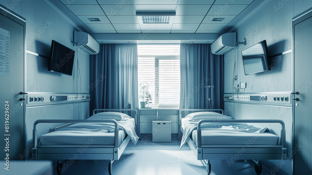 Two hospital beds sit side by side in a modern hospital room, each neatly made with crisp white sheets and medical equipment nearby Two hospital beds sit side by side in a modern hospital room, each neatly made with crisp white sheets and medical equipment nearby