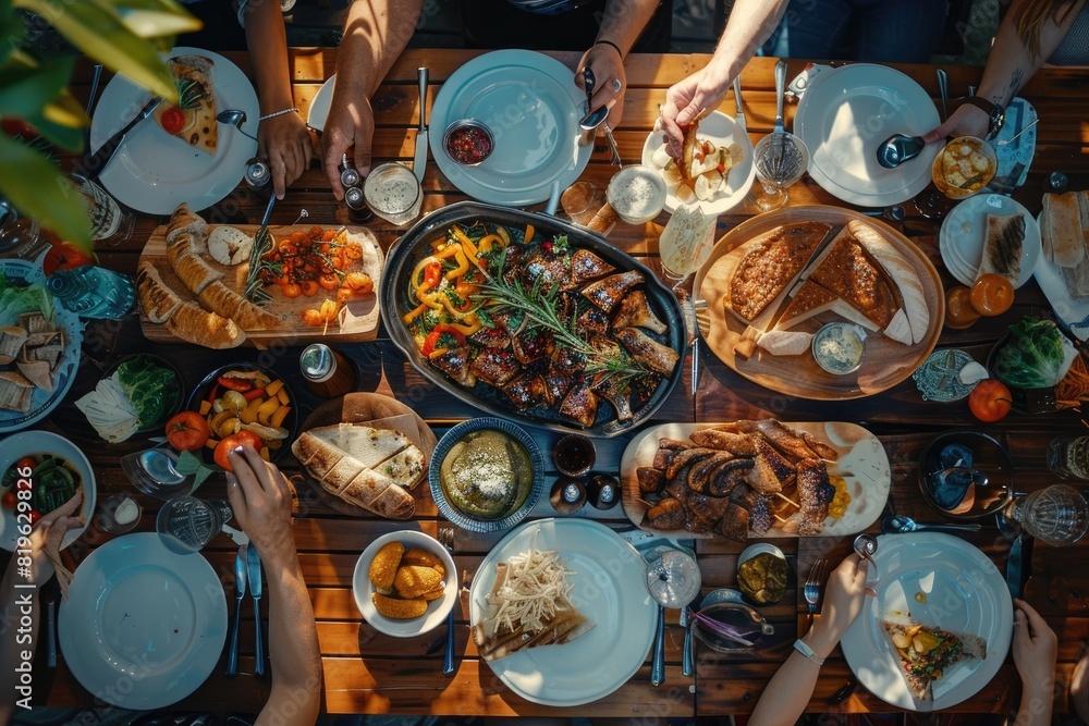 A large table with many plates of food and people eating. Scene is happy and social, as people are gathered around the table to enjoy a meal together