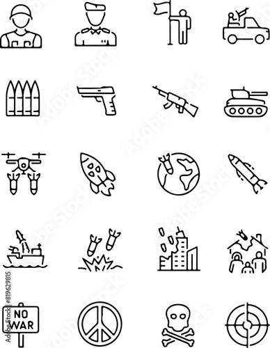 Pixel perfect icon set of war army  bomb tank conflict battle missile refugees military . Thin line icons flat vector illustrations isolated on transparent background