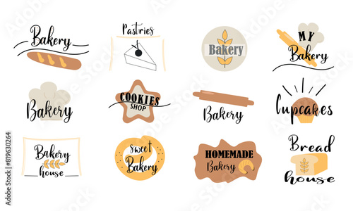 Bread and bakery products logos and icons with lettering. Bagel and croissant and baguette silhouettes with signs for pastry food shop. Food of dough and flour badges vector isolated set