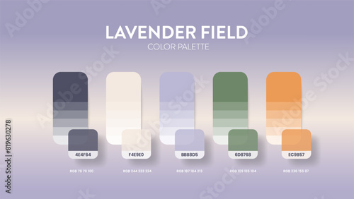 Color palette guide in Lavender colour theme collections. Color inspiration or chart with codes template. Color combination RGB. Colors swatches for graphic design, art, fashion or painting. Vector.