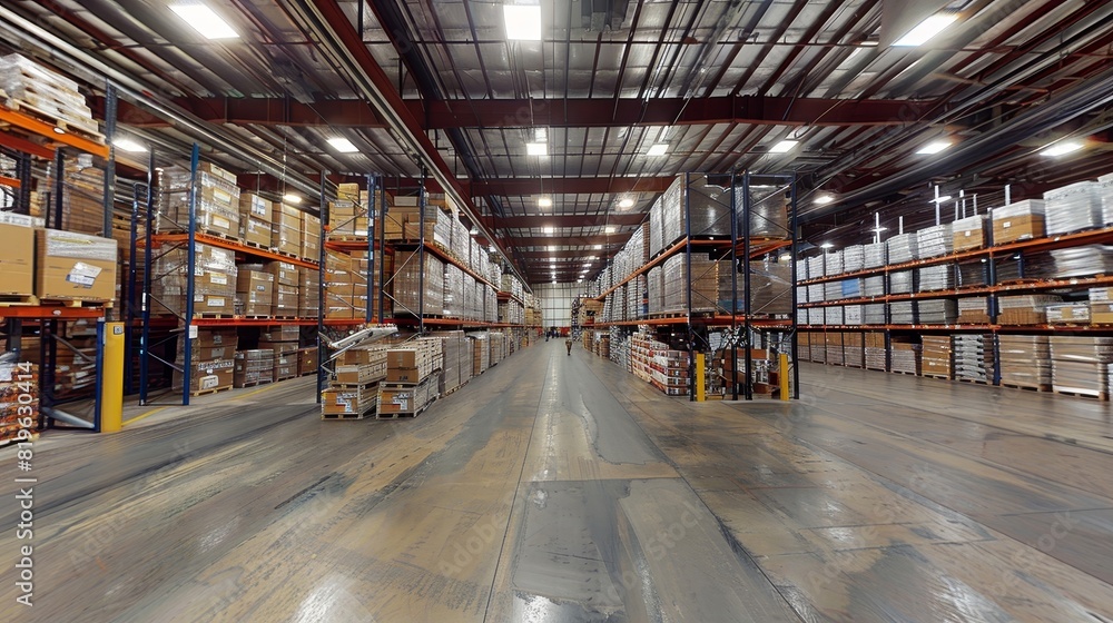 A warehouse with many shelves and boxes