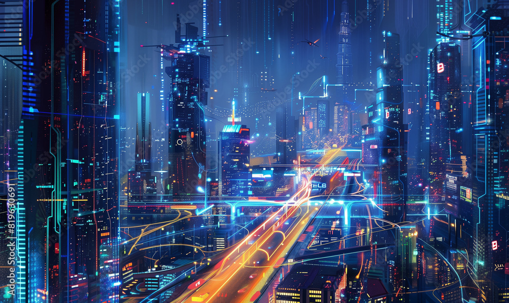 A smart city powered by artificial intelligence where systems are interconnected, allowing for seamless automation and increasing urban efficiency. A smart city powered by artificial intelligence where systems are interconnected, allowing for seamless automation and increasing urban efficiency.