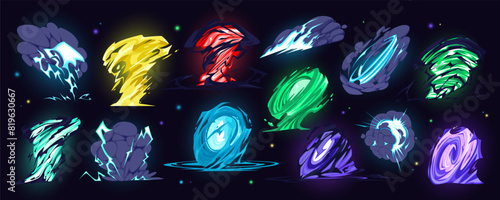Bomb boom effect. Game explode. Tornado hit. Storm vortex. Flash lightning. Magic spell twister. Cyclone swirl funnel. Blast whirlwind. Comic VFX. Energy power cartoon animation elements vector set