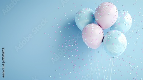 Pastel balloons and confetti on blue background. 3d rendering, Birthday party, Fathera??s Day, New year background, Copy space. photo