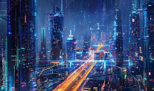 A smart city powered by artificial intelligence where systems are interconnected  allowing for seamless automation and increasing urban efficiency.