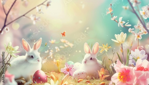An Easter celebration background with happy eggs, bunnies, and spring flowers, ideal for holiday greeting cards and festive decorations photo