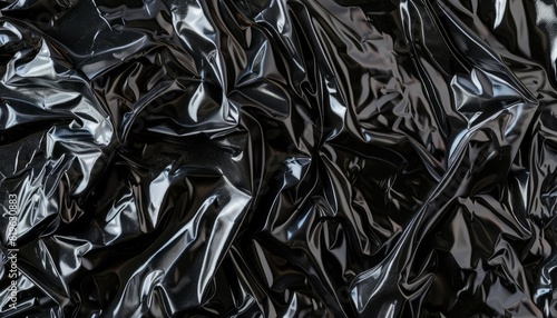 A background texture of black plastic wrap with a transparent and wrinkled effect, suitable for themes related to packaging or industrial design