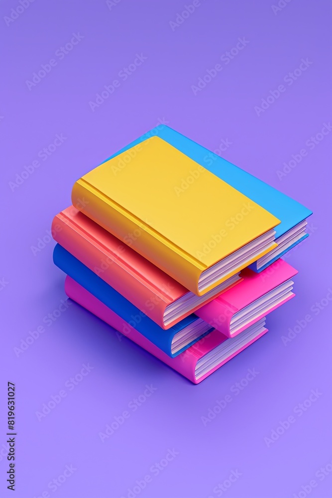 Colorful books in isometric 3D render on purple background. Vibrant minimalistic cartoon style. Colorful books in isometric 3D render on purple background. Vibrant minimalistic cartoon style.