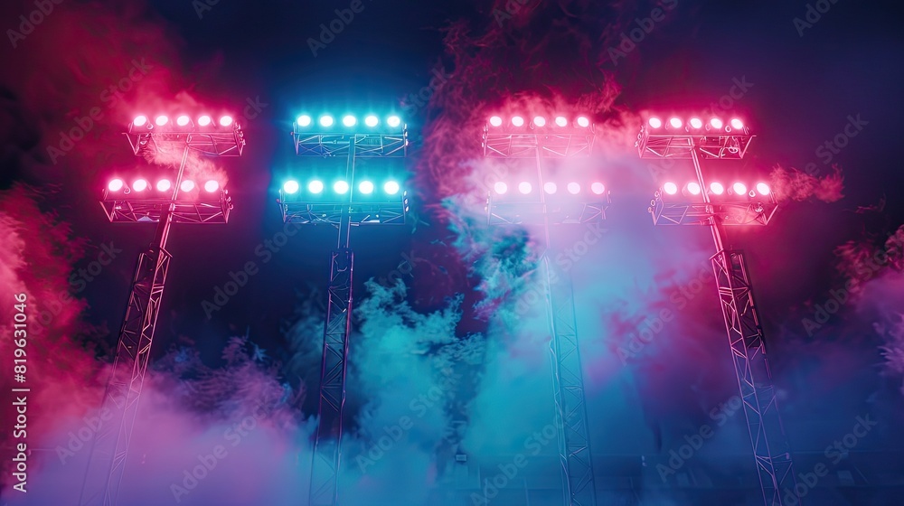 A stadium with lights and smoke in the background. The lights are blue and red
