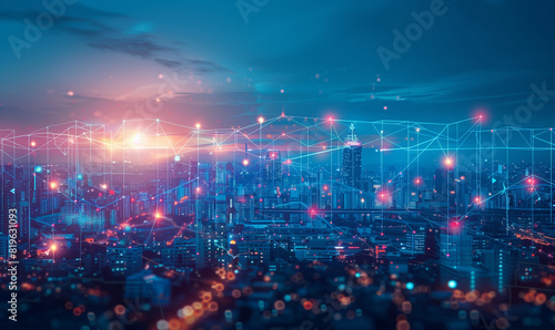 A city of the future that is intelligent thanks to the communications network and the Internet of Things, with devices ranging from smart streetlights to air quality monitoring systems. photo