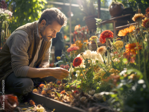 A man caring for colorful flowers in a sunlit garden, depicting a concept of gardening and nature on a natural background. Generative AI