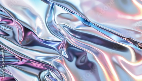 An abstract background depicting liquid metal with a chrome finish, showing a silver gradient and iridescent hues that create a modern and sleek visual texture