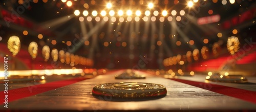 3D rendering of golden medals and laurels on podiums in the center of an Olympic arena with lights