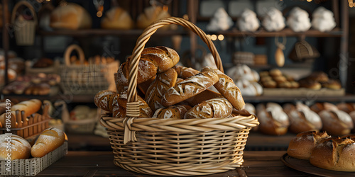 Fresh bread counter Delicious loaves of bread in a baker shop Image, Freshly baked bread in a basket : sesame bun, baguette, baked rolls, round bun and croissa