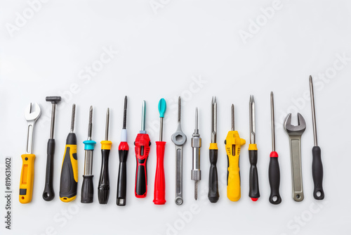 Screwdrivers and wrenches are lined up isolated on white background. Copy Space. Generative AI