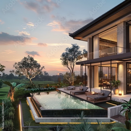 Serene TwoStory Villa Amidst Golden Rice Fields at Sunset
