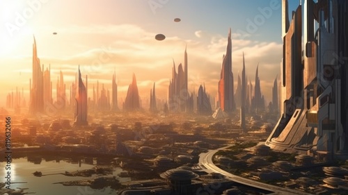 Futuristic alien city with a mother ship hovering over skyscrapers. Extraterrestrial civilization and interstellar travel concept. Design for sci-fi backgrounds, and imaginative storytelling. AIG35.