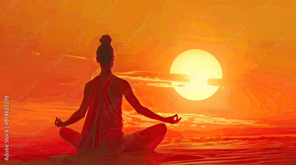 Envision a woman gracefully practicing yoga against the backdrop of a setting sun, embodying the essence of relaxation and tranquility.