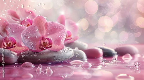 Delicate pink orchid and spa stones for relaxation and wellness.