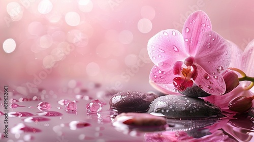 Delicate pink orchid and spa stones for relaxation and wellness.