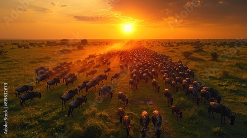Aerial view of wildebeest herd migrating at sunrise in savannah