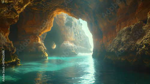 Exploring Portugals Hidden Grottoes: Stunning Rock Formations and Crystal Clear Waters in Magical Photo Realism photo