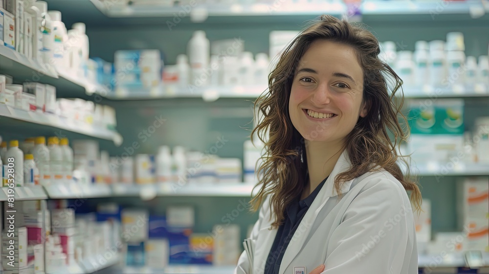 Friendly female pharmacist in a well-stocked pharmacy. Approachable healthcare professional ready to assist you.
