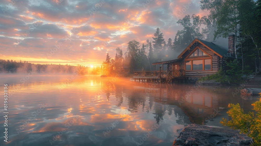 Fototapeta premium Scenic lakeside log cabin at sunrise with misty reflections in the water and forest backdrop