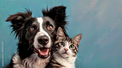 Happy dog and curious kitten portrait. High-quality image for pet lovers. Perfect for websites and blogs. Bright and cheerful style that captures pet friendship. AI