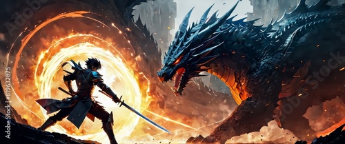 Dramatic illustration of a fantasy battle scene featuring a fearsome dragon confronting a warrior amidst a fiery backdrop and swirling energies. photo