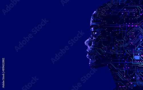 Profile of a human head with digital circuit patterns on a dark blue background, concept of technology and AI. Generative AI