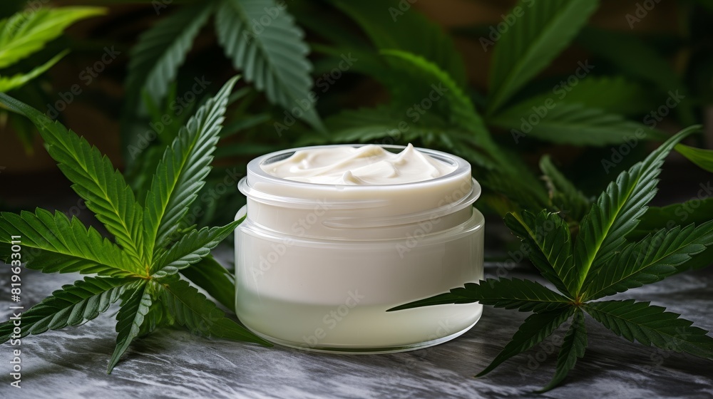 Cannabis face cream jar on marble table close up Cannabis face cream jar on marble table close up