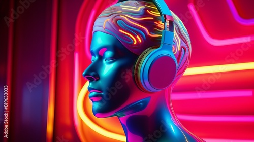 Plastic head in headphones close-up in neon style on a bright neon background