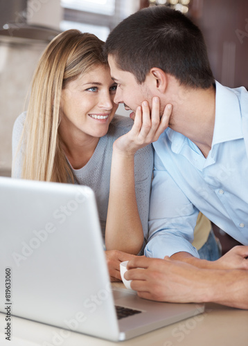 Couple, laptop and love in morning at home for online streaming, connection and respect with affection for support. Internet, admiration and trust with relationship, romance and happiness with care.