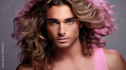 Cute young guy with long curly hair wearing a pink t-shirt closeup on a dark background