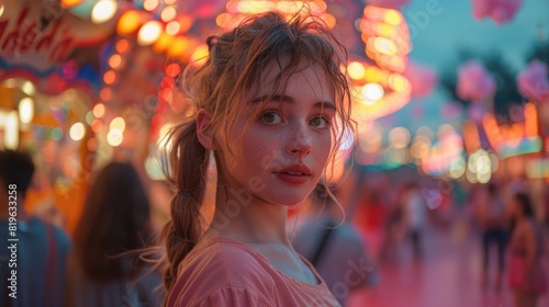 Enchanting Young Woman Amidst Carnival Lights at Twilight.